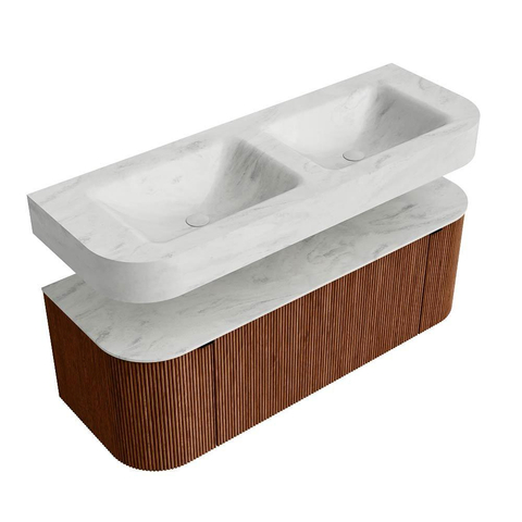 MONDIAZ THOR-DLUX 130cm meuble de salle de bains arrondi gauche + droite couleur Ruby avec 1 tiroir et 2 portes. Vasque suspendue CLOUD Double 2 trous de robinet couleur Opalo. SW1463707