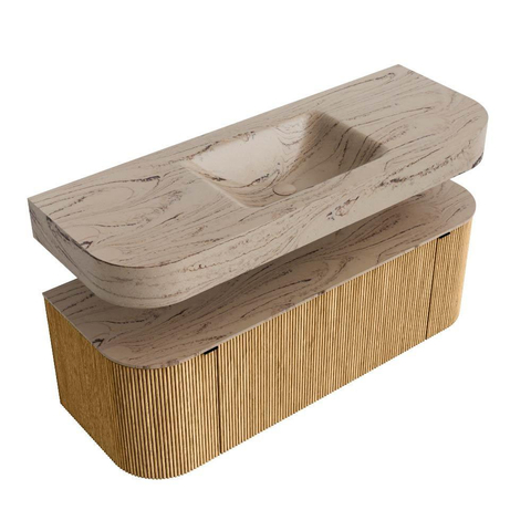 MONDIAZ THOR-DLUX Meuble de salle de bains 130cm arrondi gauche + droite couleur Oak avec 1 tiroir et 2 portes. Vasque suspendue CLOUD Milieu 1 trou de robinet couleur Arena. SW1463755