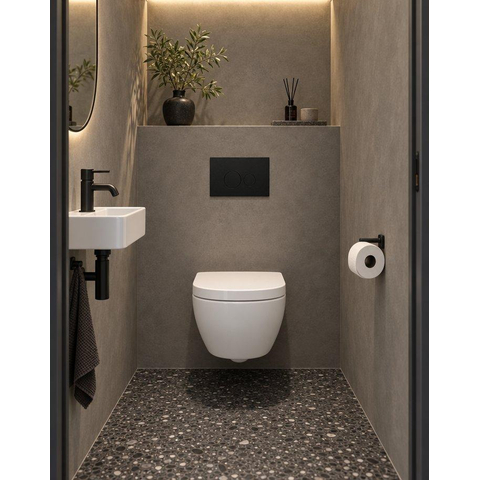 QeramiQ Dely Swirl Compact Toiletset - inbouwreservoir QeramiQ flush - 25mm zitting - kunststof bedieningsplaat mat zwart - ronde knoppen - mat wit SW1590802