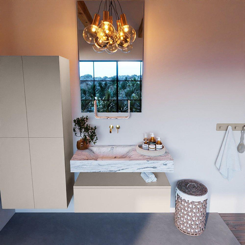 Mondiaz ALAN-DLUX Ensemble de meuble - 100cm - meuble Linen mat - 1 tiroir - Lavabo Cloud Glace suspendu - vasque Gauche - 0 trous de robinet SW806003