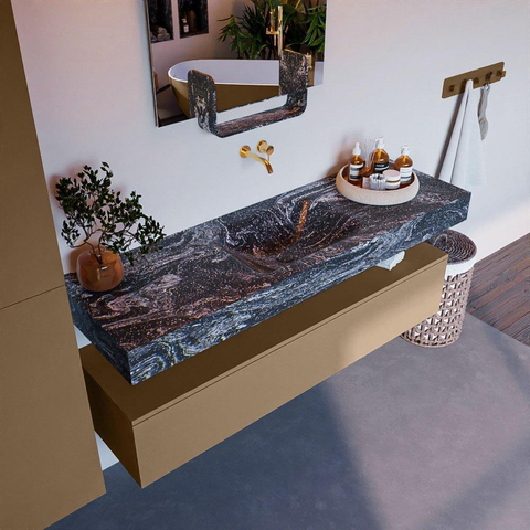 Mondiaz ALAN-DLUX Ensemble de meuble - 150cm - meuble Oro mat - 1 tiroir - Lavabo Cloud Lava suspendu - vasque Centre - 0 trous de robinet SW808446