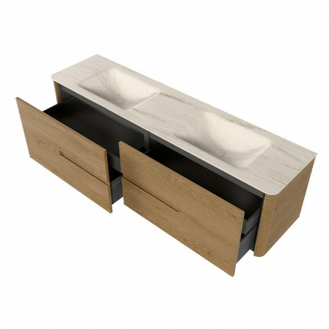 Mondiaz CIRO-DLUX Ensemble de meubles de salle de bains - 180x45x50cm - Plan vasque solid surface Meli - 2 vasques Double - sans trous de robinet - 4 tiroirs - Chêne SW1531424