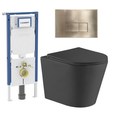 QeramiQ Dely Toiletset - 36.3x51.7cm - diepspoel - rimless - Geberit UP720 inbouwreservoir - softclose toiletzitting - bedieningsplaat - rechtehoekige knoppen - met Burda frame - mat zwart SW1428335