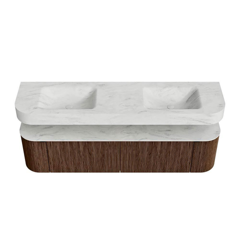 MONDIAZ THOR-DLUX 180cm meuble de salle de bains arrondi gauche + droite couleur Walnut avec 2 tiroirs et 2 portes. Vasque suspendue CLOUD Double 2 trous de robinet couleur Opalo. SW1465966