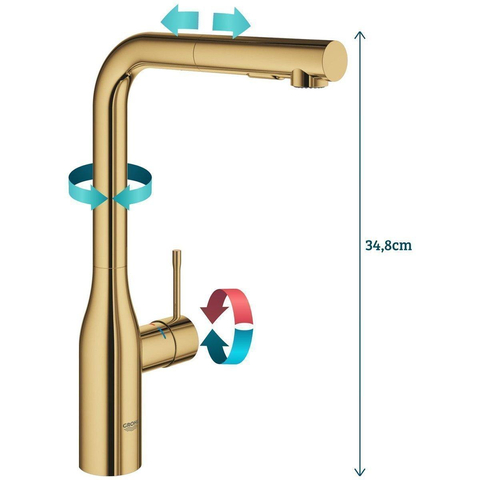 GROHE essence new robinet de cuisine avec mousseur extractible avec bec haut pivotant 360° cool sunrise (or) SW97577