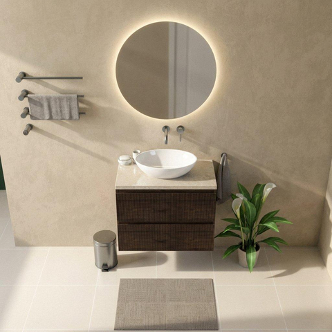 Saniclass Holz Atelier Badkamermeubelset - 80x45x63cm - Travertine natuurstenen topblad - zonder kraangat - 2 lades - mat eiken charcoal (hout) SW1478836