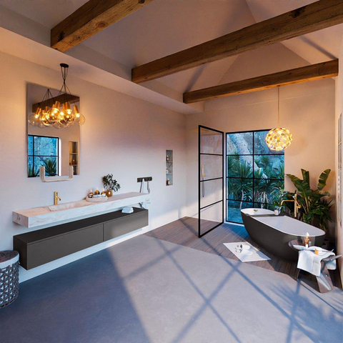 Mondiaz ALAN-DLUX Ensemble de meuble - 200cm - meuble Dark grey mat - 2 tiroirs - Lavabo Cloud Frappe suspendu - vasque Gauche - 1 trou de robinet SW804799