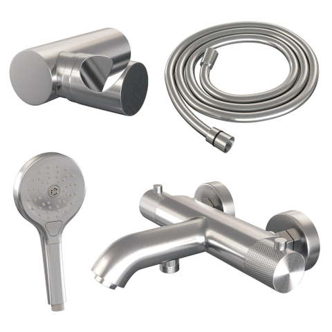 Robinet de baignoire Brauer brossé - ensemble de douche - douchette ronde 3 positions - bouton sculpté - PVD - Inox brossé SW1164634