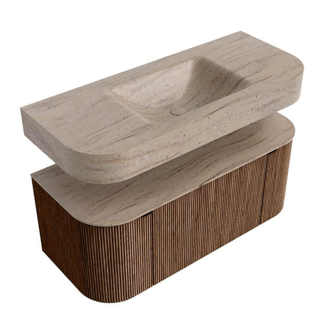 MONDIAZ THOR-DLUX 110cm meuble de salle de bains arrondi gauche + droite couleur Walnut avec 1 tiroir et 2 portes. Vasque suspendue CLOUD Milieu 1 trou de robinet couleur Saba. SW1463003