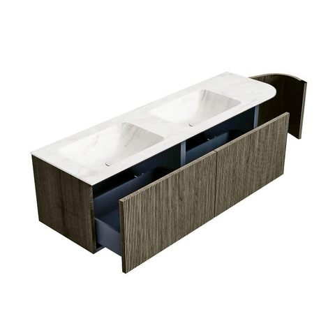 Mondiaz KURVE-DLUX Ensemble de meubles de salle de bains - 155x46x40cm - 2 tiroirs - 1 porte - lavabo solid surface - double / gauche - 2 trous de robinet - Shadow SW1414499