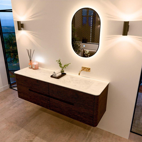 Mondiaz CIRO-DLUX Meuble de salle de bains ensemble - 160x45x50cm - plan vasque Solid surface Opalo - 1 lavabo à droite - sans trous de robinetterie - 4 tiroirs - Noyer SW1530333