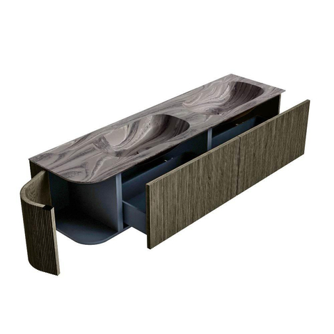 MONDIAZ KURVE-DLUX Meuble de salle de bains 175cm arrondi à gauche couleur Shadow avec 2 tiroirs et 1 porte. Lavabo STOR SMALL Double / Droite sans trou de robinet Sombra. SW1433812