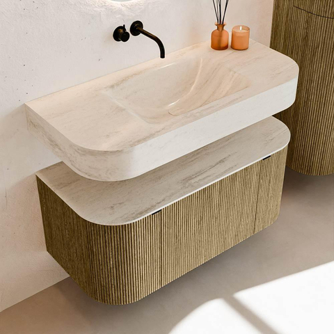 MONDIAZ THOR-DLUX 100cm meuble de salle de bains arrondi gauche + droite couleur Dusk avec 1 tiroir et 2 portes. Vasque suspendue CLOUD Milieu sans trou de robinet couleur Meli. SW1467477