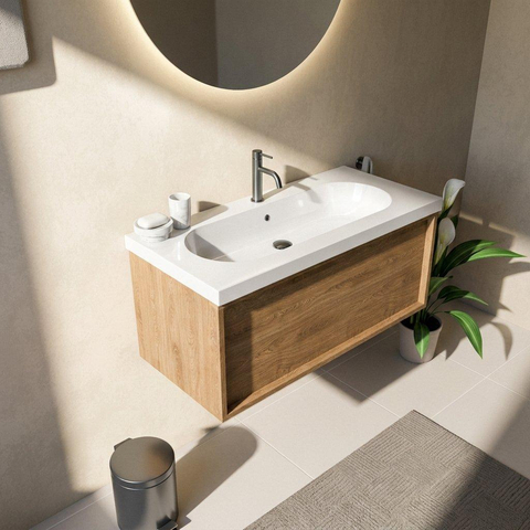 Saniclass Holz Frame Badkamermeubelset - 100x45x43.5cm - Palermo keramische wastafel wit - 1 wasbak - 1 kraangat - 1 lade - mat eiken natural (hout) SW1478615