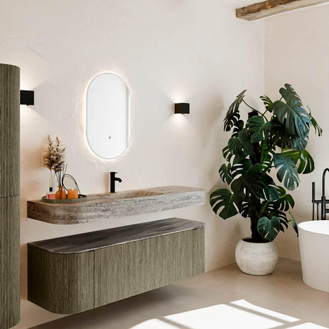 MONDIAZ THOR-DLUX 150cm meuble de salle de bains arrondi gauche + droite couleur Shadow avec 1 tiroir et 2 portes. Vasque suspendue CLOUD Milieu 1 trou de robinet couleur Oza. SW1464854