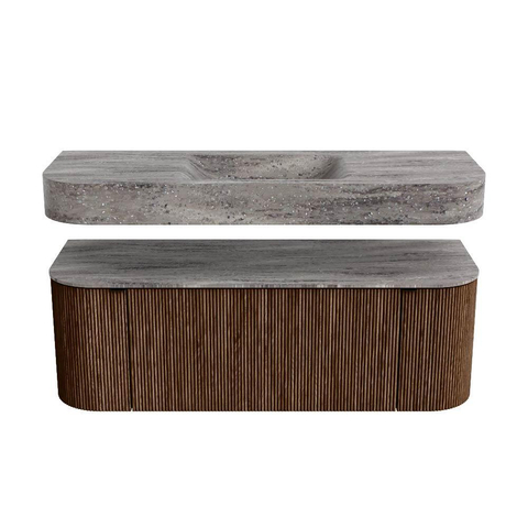 MONDIAZ THOR-DLUX Meuble de salle de bains 130cm arrondi gauche + droite couleur Walnut avec 1 tiroir et 2 portes. Vasque suspendue CLOUD Centre sans trou de robinet couleur Oza. SW1467658