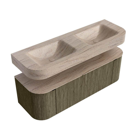 MONDIAZ THOR-DLUX 140cm meuble de salle de bains arrondi gauche + droite couleur Shadow avec 1 tiroir et 2 portes. Vasque suspendue CLOUD Double 2 trous de robinet couleur Saba. SW1464355