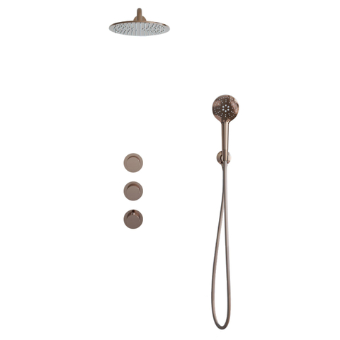 Fortifura Nebbio Ensemble de douche pluie - robinet encastré - élément encastré - coude mural de raccordement - flexible de douche métal - douchette ronde - bras mural 35cm - pomme de douche ronde - cuivre brossé PVD (cuivre) SW1237950