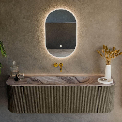 MONDIAZ KURVE-DLUX Meuble de salle de bains 150cm arrondi Gauche + Droite couleur Shadow avec 1 tiroir et 2 portes. Vasque BIG MEDIUM Centrale sans trou de robinet Sombra. SW1433760