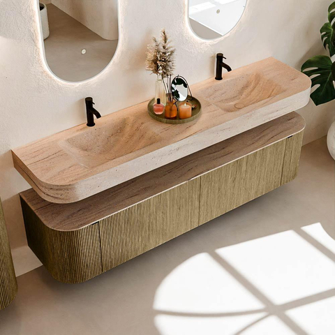 MONDIAZ THOR-DLUX 190cm meuble de salle de bains arrondi gauche + droite couleur Dusk avec 2 tiroirs et 2 portes. Vasque suspendue CLOUD Double 2 trous de robinet couleur Saba. SW1466662