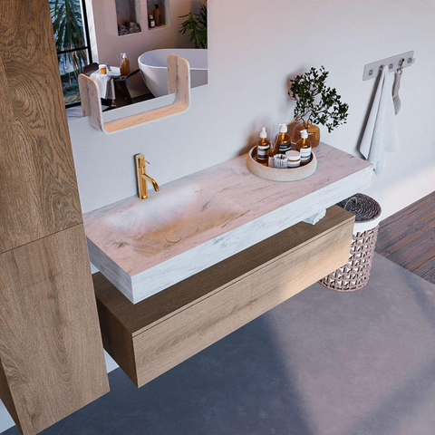 Mondiaz ALAN-DLUX Ensemble de meuble - 130cm - meuble Washed Oak mat - 1 tiroir - Lavabo Cloud Opalo suspendu - vasque Gauche - 1 trou de robinet SW808924