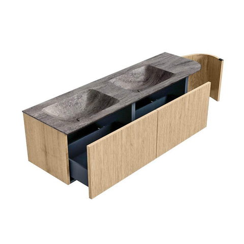 MONDIAZ KURVE-DLUX Meuble de salle de bains 155cm arrondi à droite couleur Oak avec 2 tiroirs et 1 porte. Lavabo LEAF Double / Gauche sans trou de robinet Oza. SW1432677