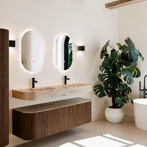 MONDIAZ THOR-DLUX 150cm meuble de salle de bains arrondi gauche + droite couleur Walnut avec 1 tiroir et 2 portes. Vasque suspendue CLOUD Double 2 trous de robinet couleur Arena. SW1464756
