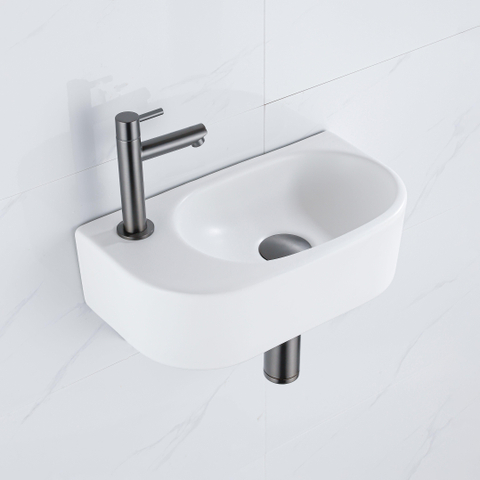 QeramiQ Fuente pack lave-mains – 40 x 21,5 x 12 cm – céramique blanc mat – perçage à gauche – robinet gunmetal SW1232827