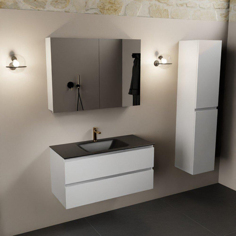 Mondiaz Aivy badmeubelset - 100x45x50cm - 1 kraangat - 1 wasbak urban Solid surface - Midden - 2 lades - Met spiegelkast - MDF Talc SW892115