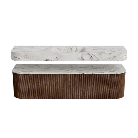 MONDIAZ THOR-DLUX 170cm badmeubel ronding links + rechts kleur Walnut met 1 lade en 2 deuren. Vrijhangende wastafel CLOUD Midden zonder kraangat kleur Glace. SW1465565