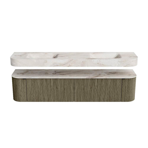 MONDIAZ THOR-DLUX 200cm meuble de salle de bains arrondi gauche + droite couleur Shadow avec 2 tiroirs et 2 portes. Vasque suspendue CLOUD Double sans trou de robinet couleur Frappe. SW1467019