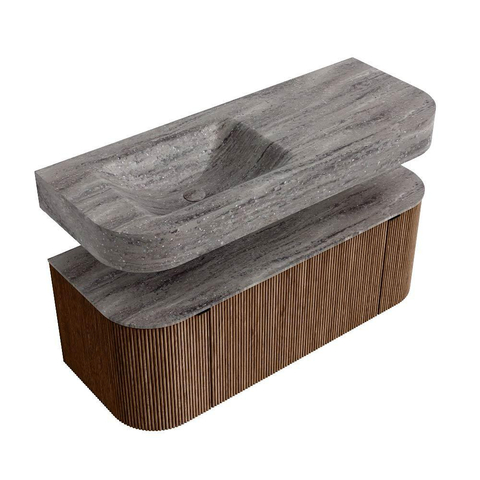 MONDIAZ THOR-DLUX 120cm badmeubel ronding links + rechts kleur Walnut met 1 lade en 2 deuren. Vrijhangende wastafel CLOUD Links 1 kraangat kleur Oza. SW1463410