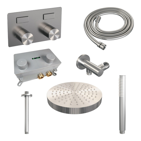 BRAUER Stripe Douche de tête thermostatique encastrée - boutons-poussoirs - SET 27 - pomme de douche 25cm - bras de plafond - douchette à main barre - flexible de douche - coude mural - couleur inox brossé PVD SW1435078