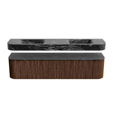 MONDIAZ THOR-DLUX 190cm badmeubel ronding links + rechts kleur Walnut met 2 lades en 2 deuren. Vrijhangende wastafel CLOUD Dubbel 2 kraangaten kleur Lava. SW1466424