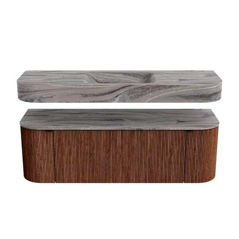 MONDIAZ THOR-DLUX 140cm meuble de salle de bains arrondi gauche + droite couleur Ruby avec 1 tiroir et 2 portes. Vasque suspendue CLOUD Milieu 1 trou de robinet couleur Sombra. SW1464228
