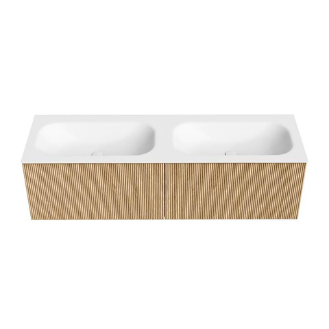MONDIAZ KURVE Meuble de salle de bains 150cm couleur Oak avec 2 tiroirs. Lavabo BIG SMALL double 2 trous de robinet Talc. SW1138225