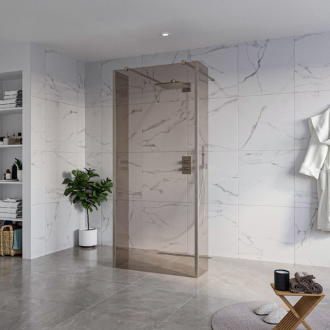 Fortifura Galeria Vrijstaande Inloopdouche - 90x200cm - Rookglas - antikalk - 8mm veiligheidsglas - 2 zijwanden - 30cm - wandsteunen en hoekprofielen - PVD - geborsteld gunmetal (antraciet) SW993027