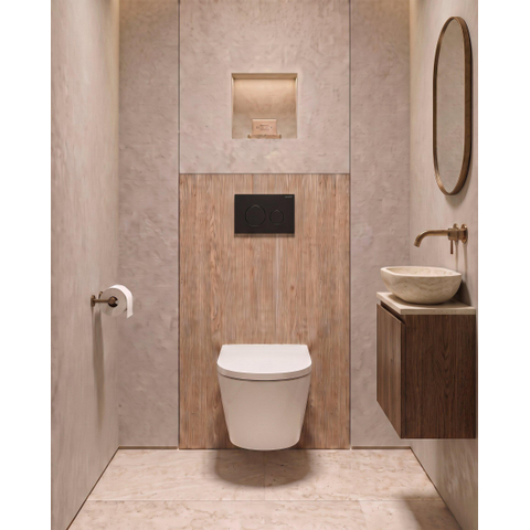 QeramiQ Dely Toiletset - 36.3x51.7cm - Geberit UP720 inbouwreservoir - rimless - diepspoel - 35mm zitting - softclose - kunststoffen bedieningsplaat mat zwart - ronde knoppen - mat wit SW1428002
