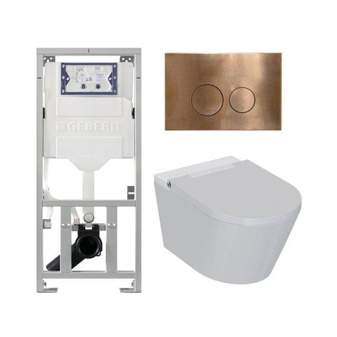 QeramiQ Luma Ensemble WC-douche - réservoir encastré Geberit UP320 - avec châssis Burda - séchoir - douchette féminine - plaque de commande cuivre - boutons ronds - blanc brillant SW1472007