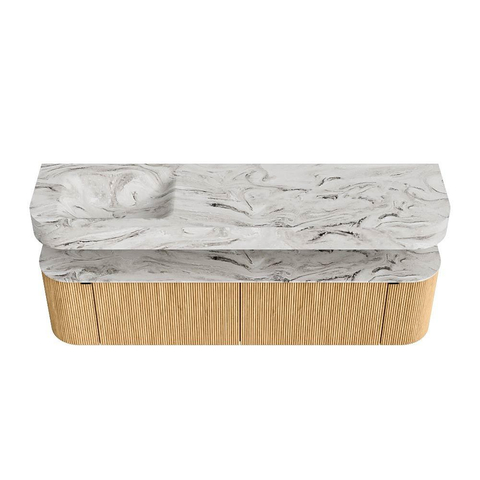 MONDIAZ THOR-DLUX 180cm meuble de salle de bains arrondi gauche + droite couleur Oak avec 2 tiroirs et 2 portes. Vasque suspendue CLOUD Gauche sans trou de robinet couleur Glace. SW1465893