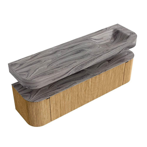 MONDIAZ THOR-DLUX 170cm badmeubel ronding links + rechts kleur Oak met 1 lade en 2 deuren. Vrijhangende wastafel CLOUD Rechts zonder kraangat kleur Sombra. SW1465857