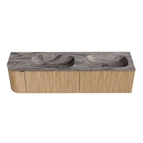 MONDIAZ KURVE-DLUX 175cm badmeubel ronding Links kleur Oak met 2 lades en 1 deur. Wastafel STOR SMALL Dubbel / Rechts 2 kraangaten Sombra. SW1433619