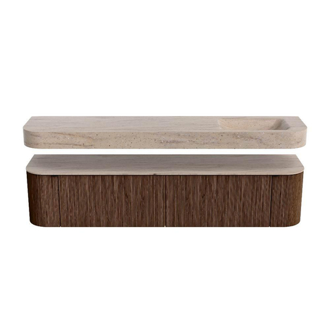 MONDIAZ THOR-DLUX 200cm meuble de salle de bains arrondi gauche + droite couleur Walnut avec 2 tiroirs et 2 portes. Vasque suspendue CLOUD droite sans trou de robinet couleur Saba. SW1467226