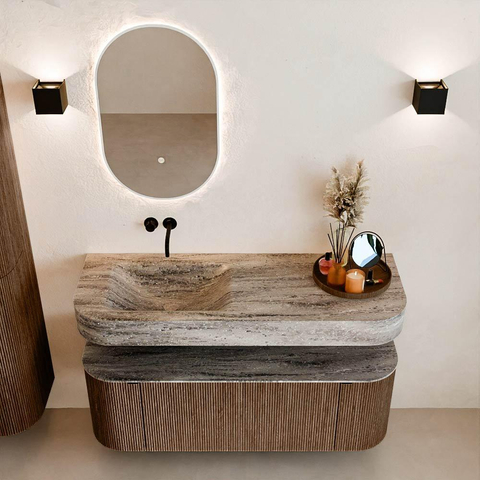 MONDIAZ THOR-DLUX 130cm badmeubel ronding links + rechts kleur Walnut met 1 lade en 2 deuren. Vrijhangende wastafel CLOUD Links zonder kraangat kleur Oza. SW1463969