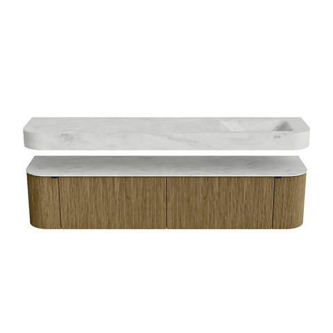 MONDIAZ THOR-DLUX 200cm meuble de salle de bains arrondi gauche + droite couleur Dusk avec 2 tiroirs et 2 portes. Vasque suspendue CLOUD Droite 1 trou de robinet couleur Opalo. SW1466857