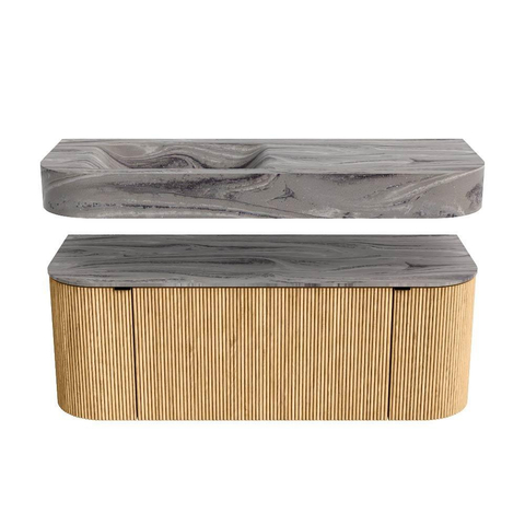 MONDIAZ THOR-DLUX Meuble de salle de bains 120cm arrondi gauche + droite couleur Oak avec 1 tiroir et 2 portes. Vasque suspendue CLOUD Gauche sans trou de robinet couleur Sombra. SW1463659