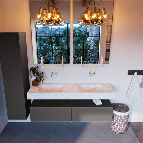 Mondiaz ALAN-DLUX Ensemble de meuble - 150cm - meuble Dark grey mat - 2 tiroirs - Lavabo Cloud Opalo suspendu - vasque Gauche et droite - 0 trous de robinet SW806310