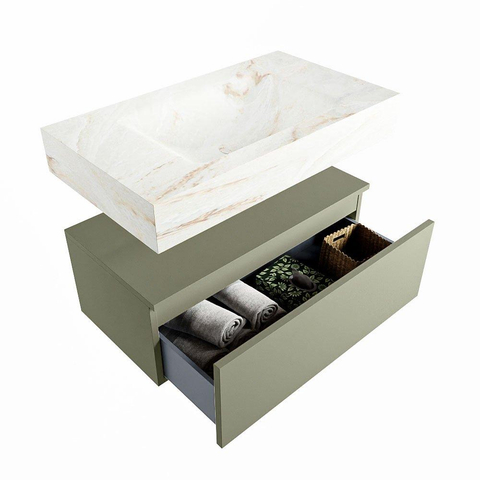 Mondiaz ALAN-DLUX Ensemble de meuble - 80cm - meuble Army mat - 1 tiroir - Lavabo Cloud Frappe suspendu - vasque Centre - 1 trou de robinet SW805349