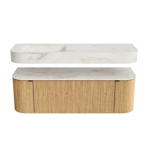 MONDIAZ THOR-DLUX 140cm badmeubel ronding links + rechts kleur Oak met 1 lade en 2 deuren. Vrijhangende wastafel CLOUD Links zonder kraangat kleur Ostra. SW1463930