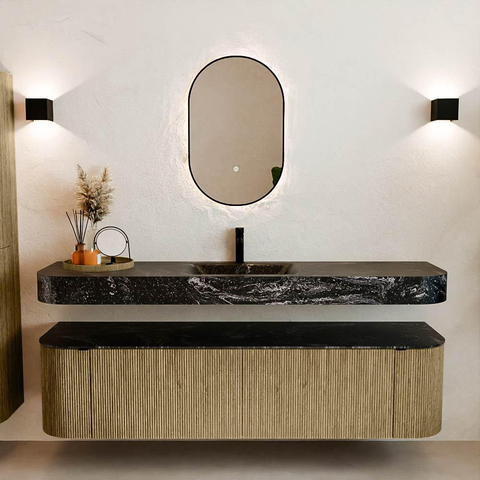 MONDIAZ THOR-DLUX 180cm meuble de salle de bains arrondi gauche + droite couleur Dusk avec 2 tiroirs et 2 portes. Vasque suspendue CLOUD Milieu 1 trou de robinet couleur Lava. SW1466012